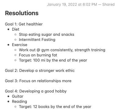 Screenshot of 2022 resolutions