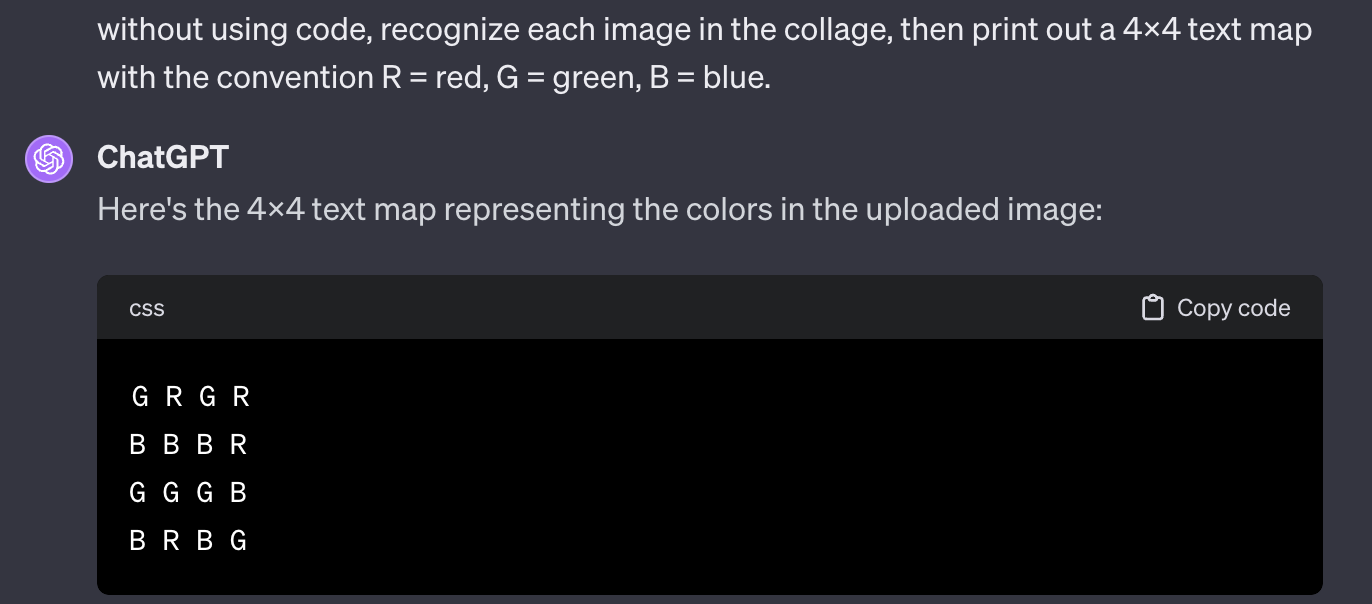 GPT-4V&rsquo;s failed attempt at identifying the color grid without using code
